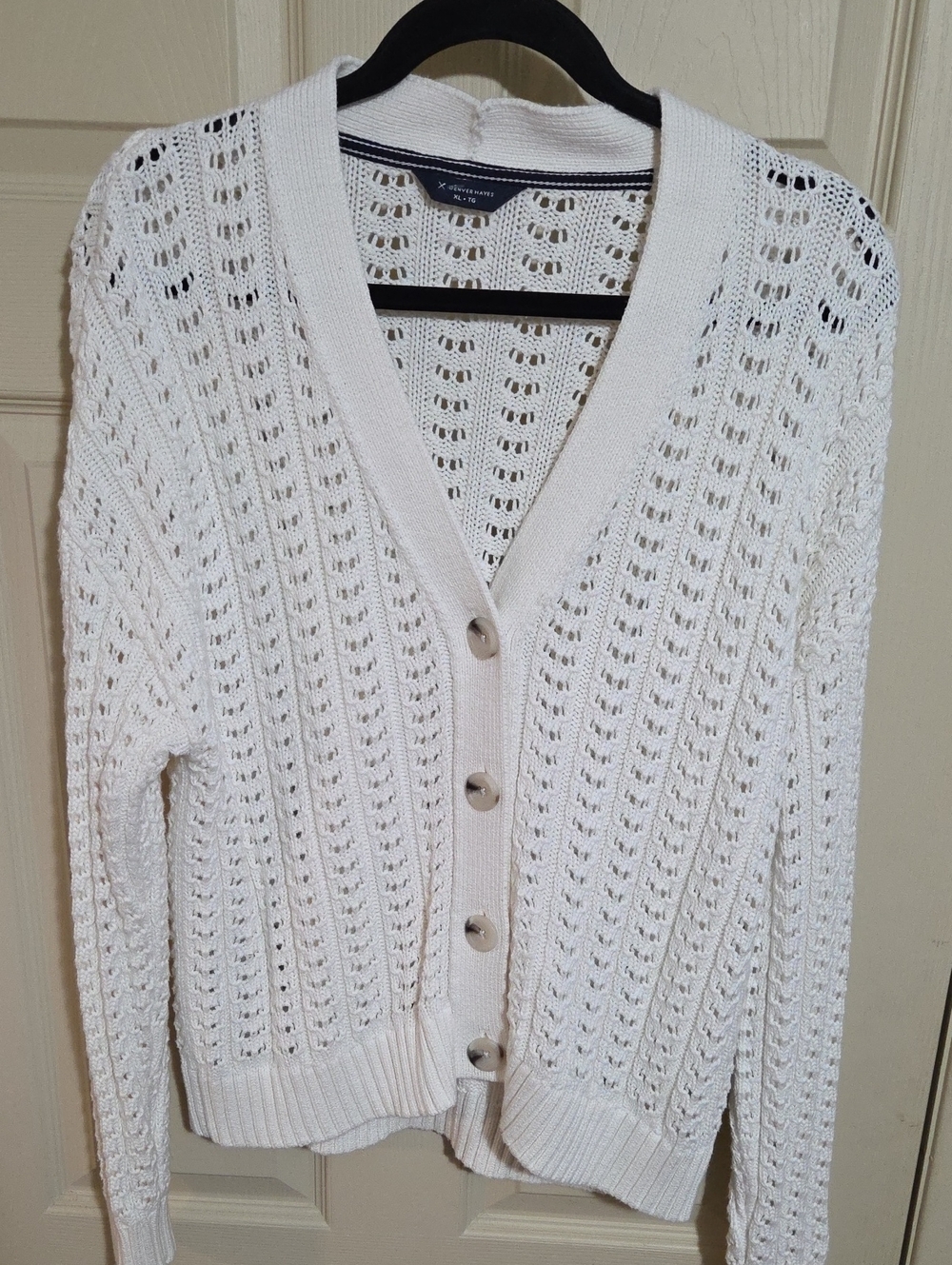 Denver Hayes White Open-Knit Button Cardigan